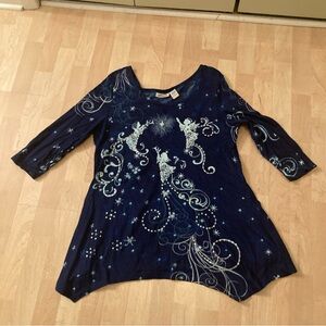 Holiday Christmas Angel with Sequins Blue and White Women's Tunic Top Large